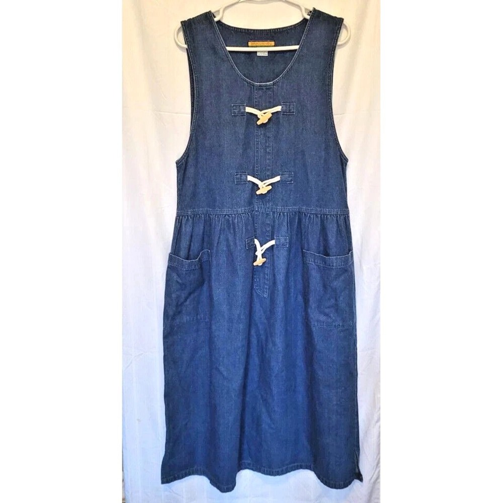Vintage Bryn Connelly Denim Jumper Dress Midi Sleeveless Toggle Pockets Size 8‎